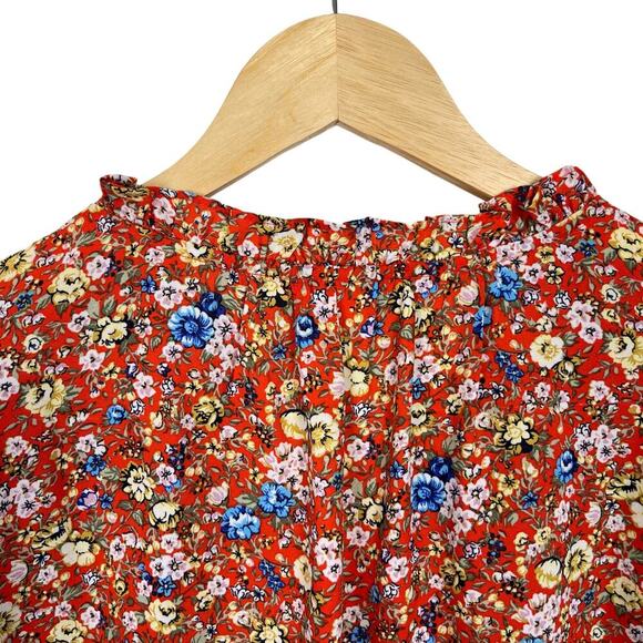Pleione Women's Micro Floral Ruffle Short Sleeve Red Blue Yellow Sz S - Picture 4 of 8
